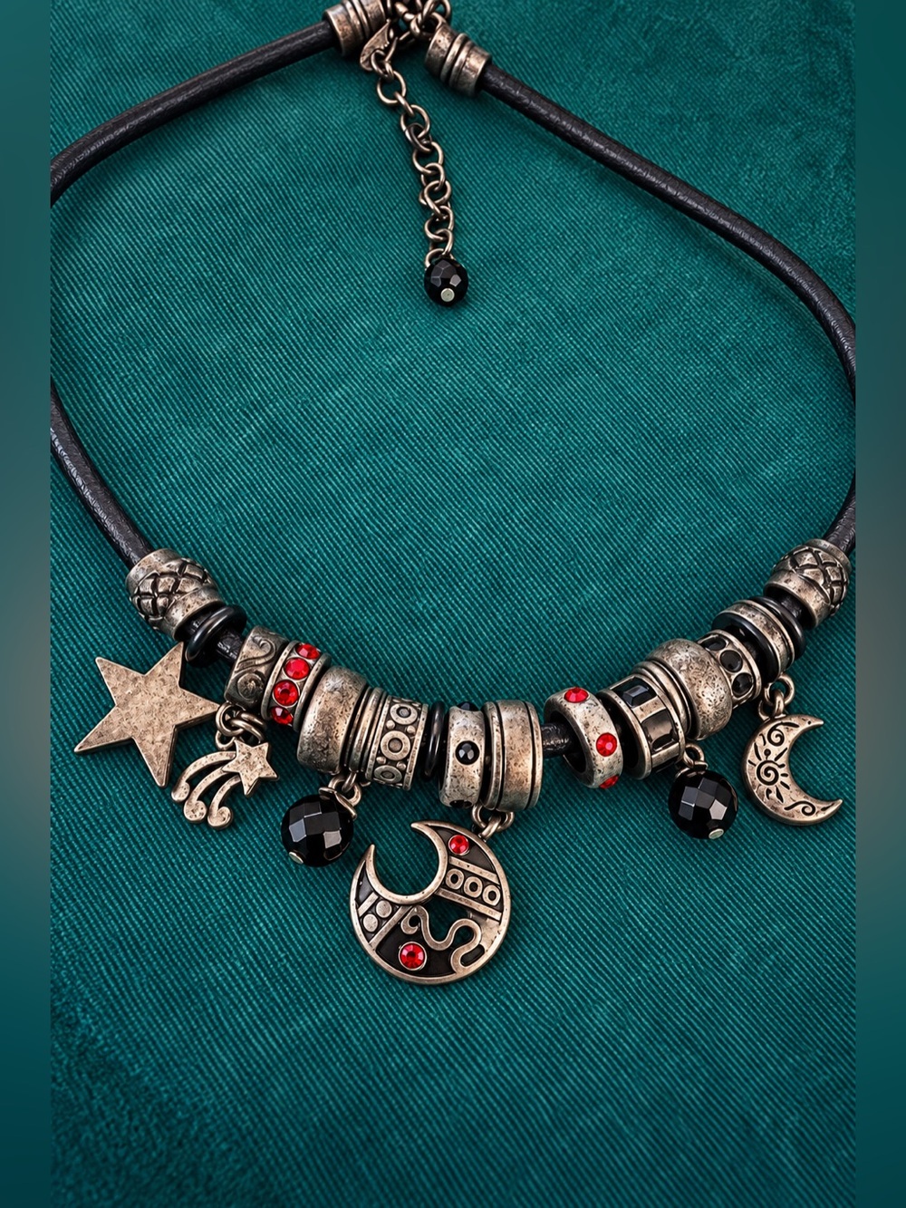 Chico’s Signed Celestial Moon Star Rhinestone Leather Cord Statement Necklace